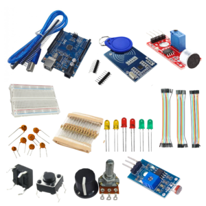 Arduino Kit with Sound sensor module, RFID module, breadboard, capacitors, resistors and jumper wires