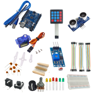 Arduino UNO SMD Kit with SG90 servo motor, HC-SR04 ultra sonic sensor module, 4x4 keypad and other components