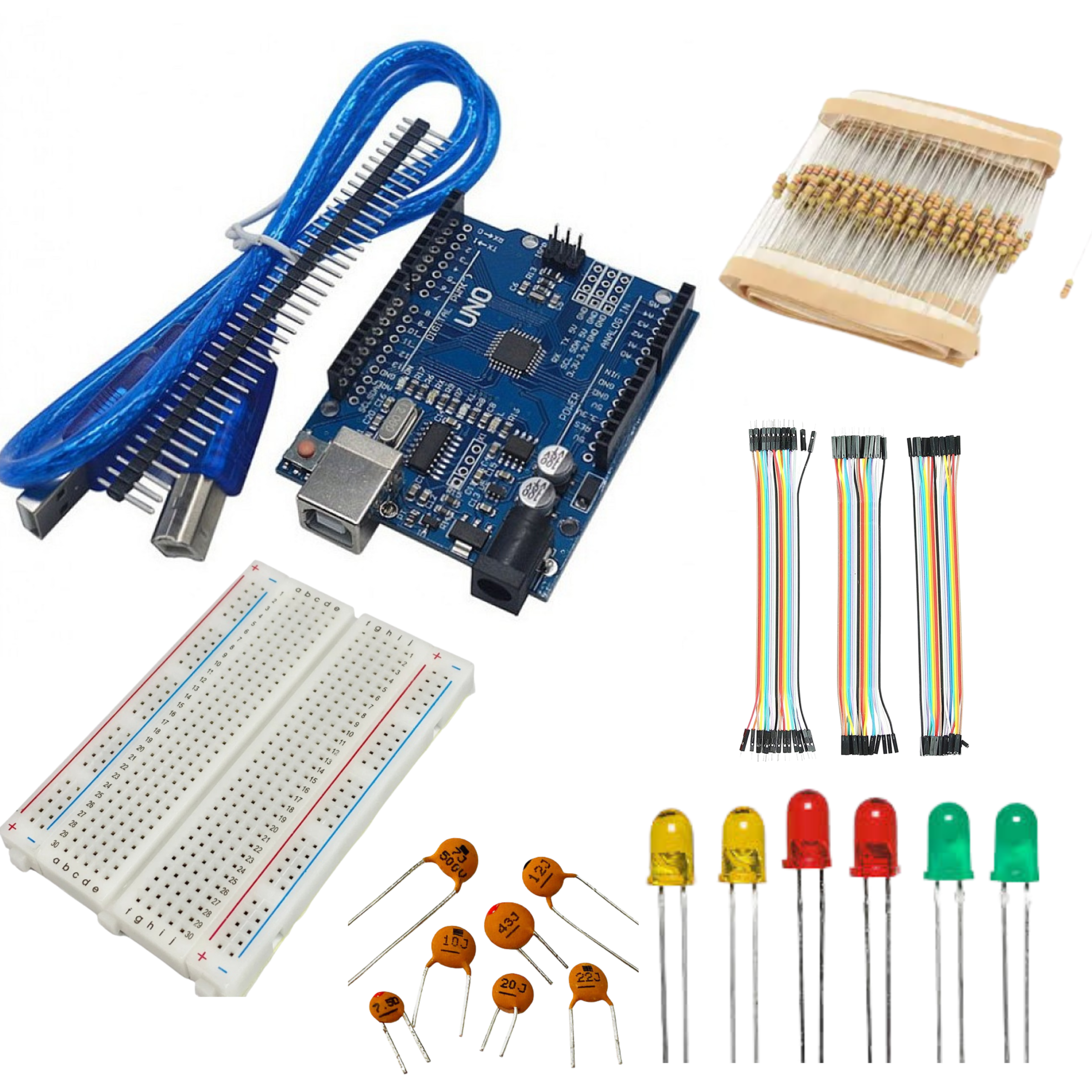 Arduino with USB cable, breadboard, resistor, LED, capacitor and jumper wires