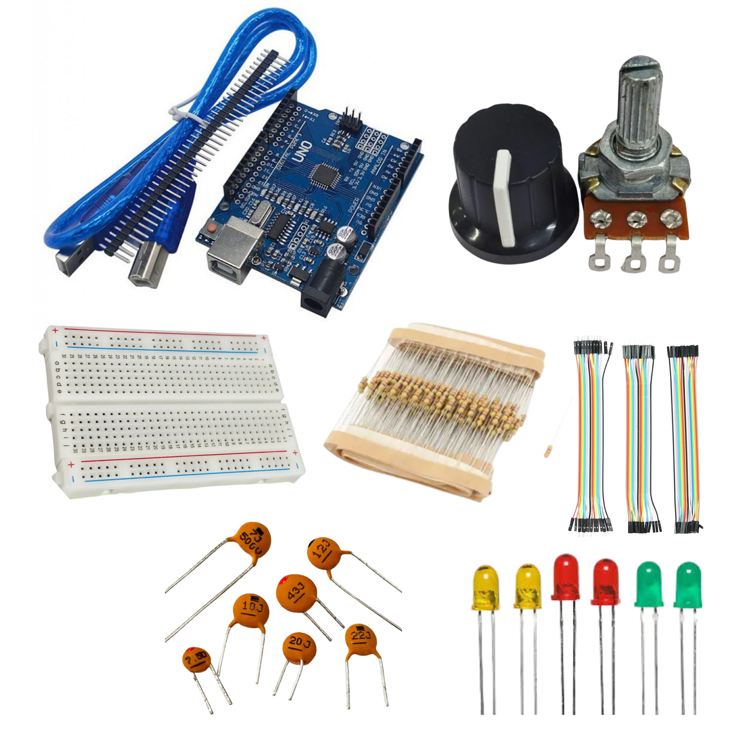 Arduino UNO SMD with USB cable, breadboard, resistor, LED, capacitor, potentio meter & jumper wires