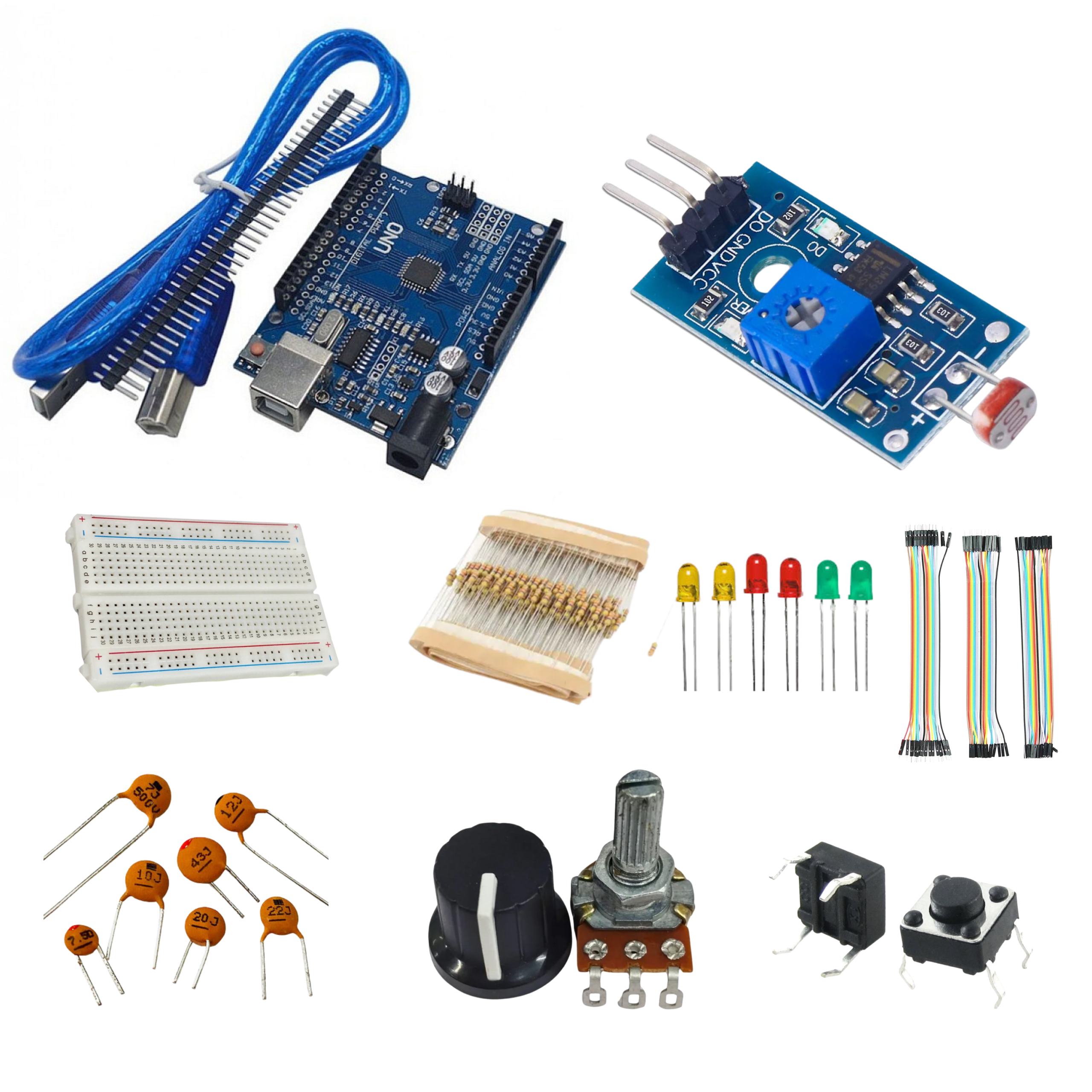 Arduino UNO SMD with USB cable, breadboard, LDR sensor module, resistor, LED, capacitor, potentio meter, pushbutton and with jumper wires