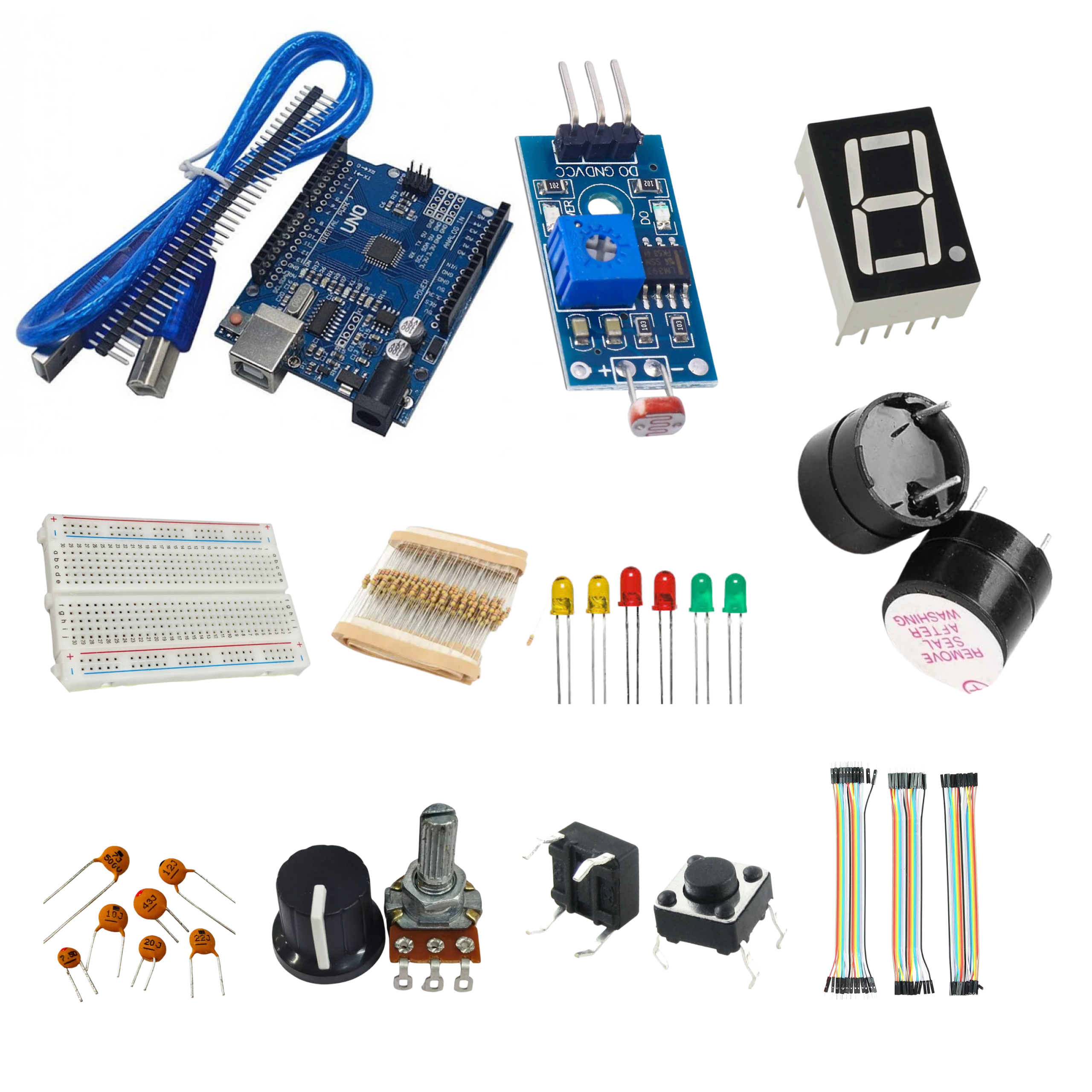 Arduino UNO SMD with USB cable, seven segment display, buzzer, ldr sensor module, breadboard, resistor, LED, capacitor, potentio meter, pushbutton and jumper wires