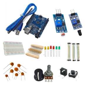 Arduino UNO SMD kit with USB cable, flame sensor, LDR sensor module, breadboard, resistors, capacitors and jumper wires