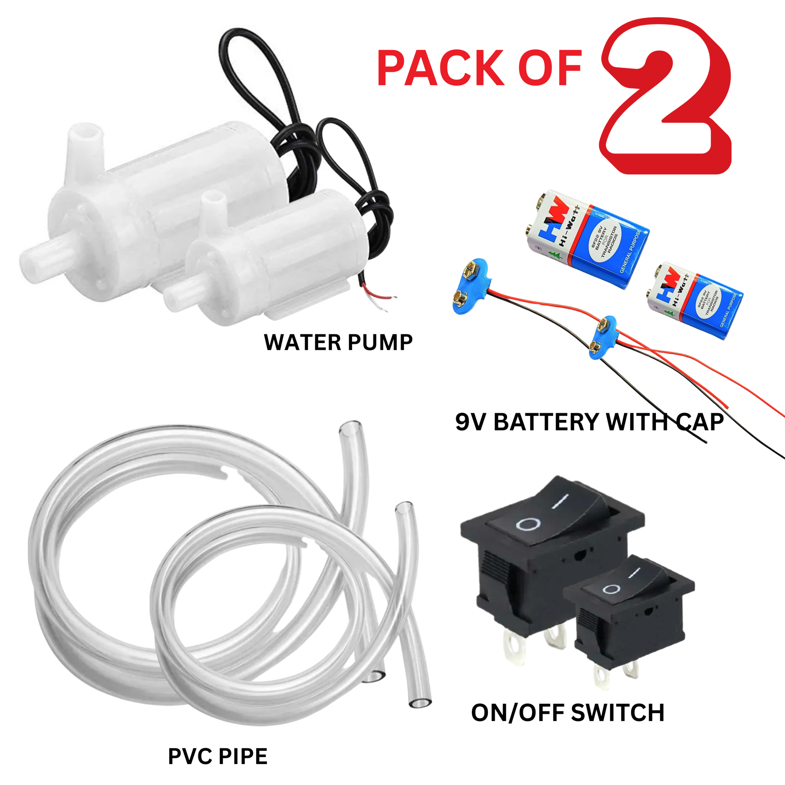 [Pack of 2] Waterproof Mini water Project DC Pump 3-9v complete kit with Switch, 9v and pipe