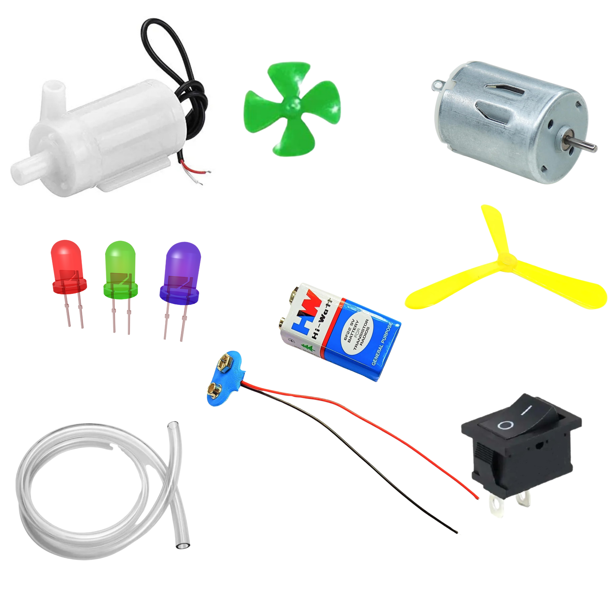 Water Pump, DC battery, Pipe, Switch, DC motor , fan small, fan big, LED