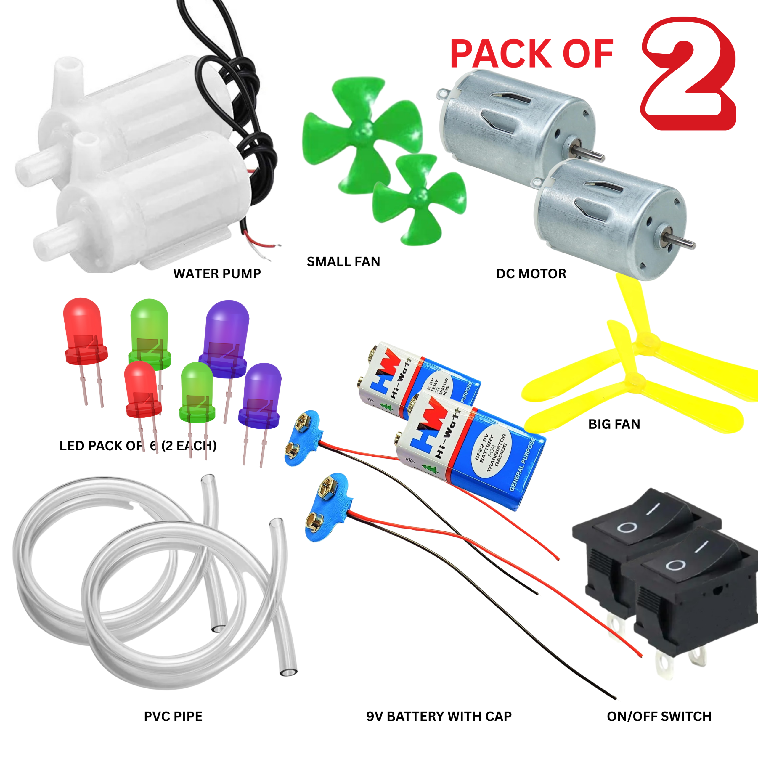 [PACK of 2 ] Water Pump, DC battery, Pipe, Switch, DC motor , fan small, fan big, LED