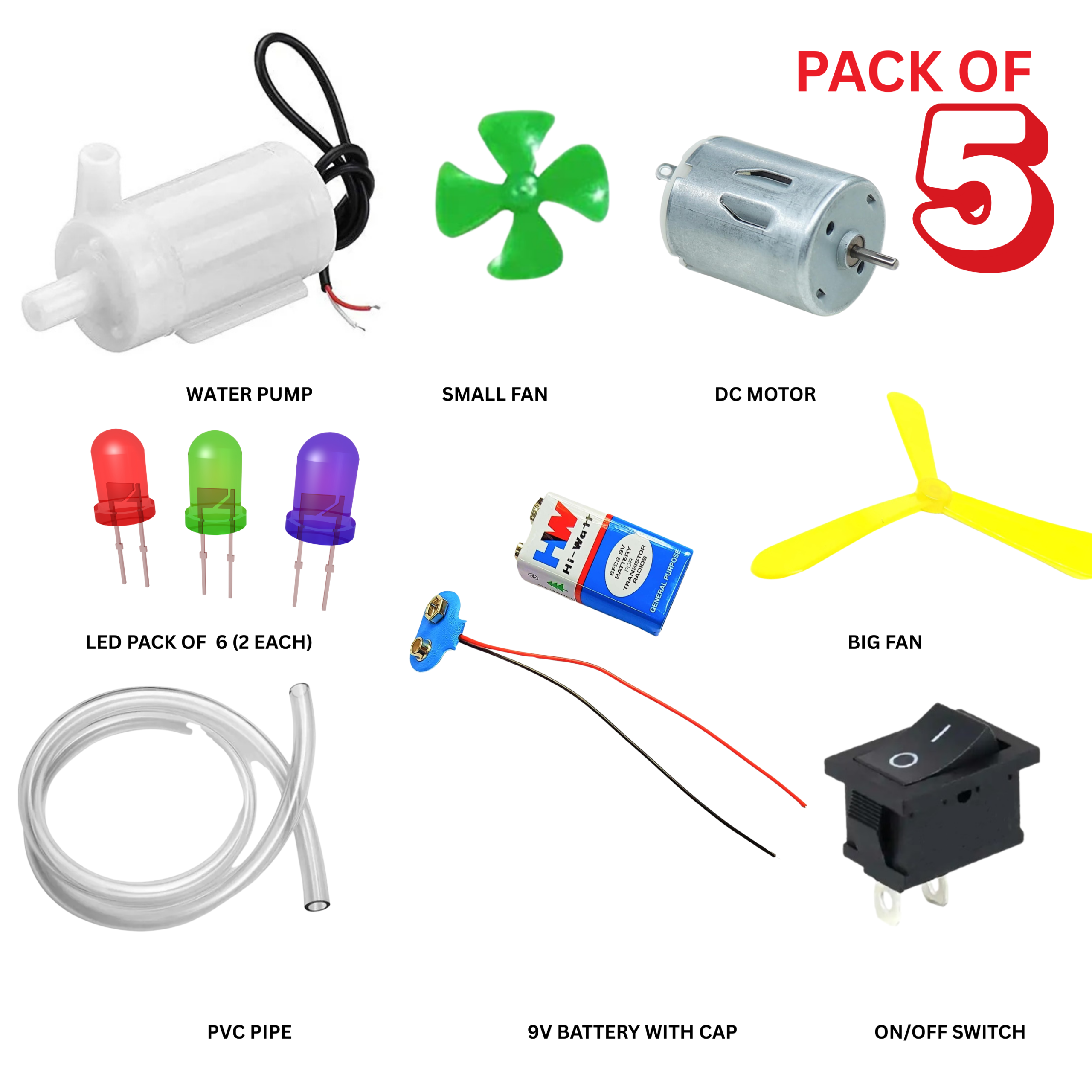 [PACK of 5] Water Pump, DC battery, Pipe, Switch, DC motor , fan small, fan big, LED