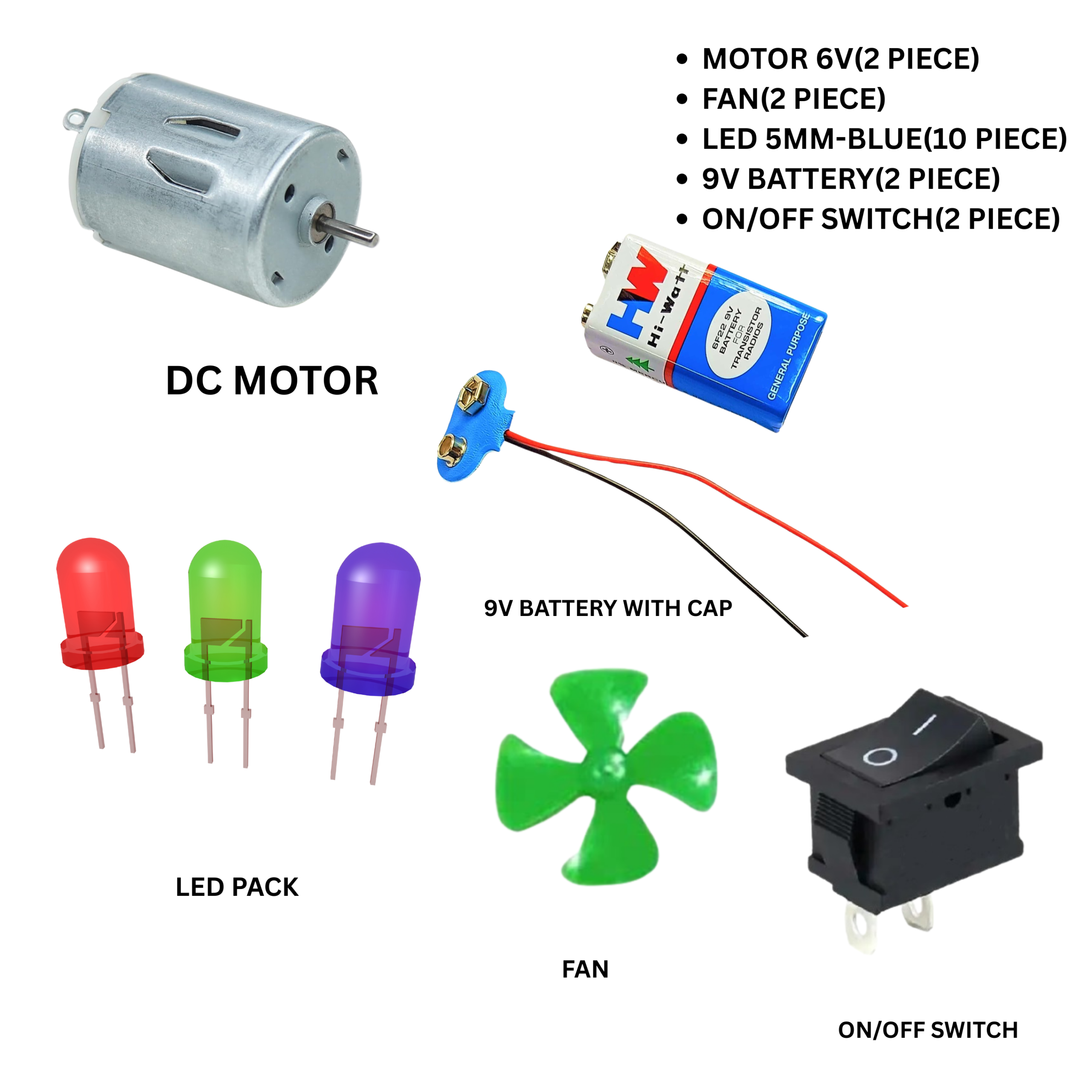 [PACK OF 2] DC Motor, Fan, Battery, LEDs, Switch, Buzzer & Connecting Wire Science Project Material Kit.