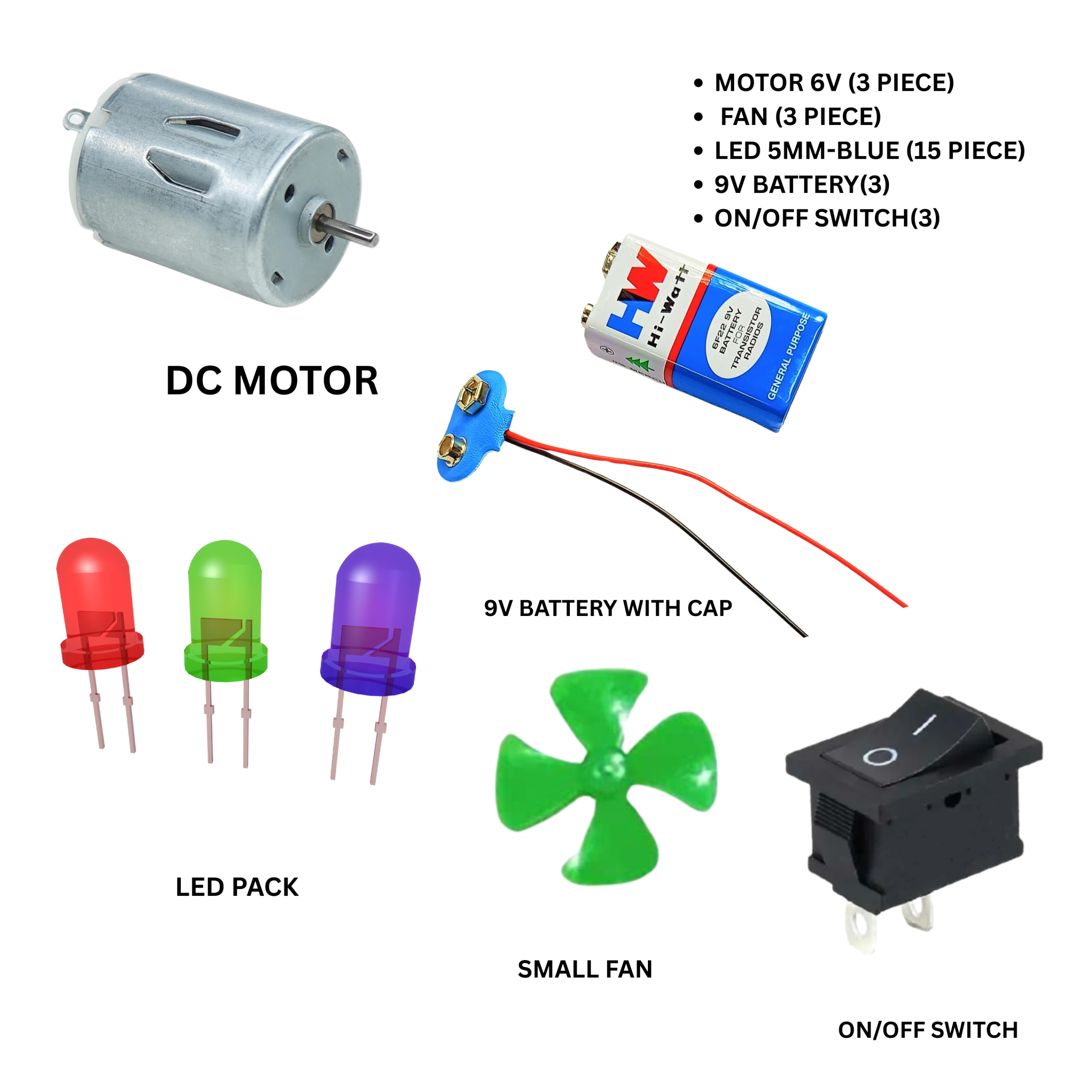 [PACK OF 3] DC Motor, Fan, Battery, LEDs, Switch, Buzzer & Connecting Wire Science Project Material Kit.