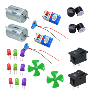 [PACK of 1] DC Motor, Fan, Battery, LEDs, Switch, Buzzer & Connecting Wire Science Project Material Kit.