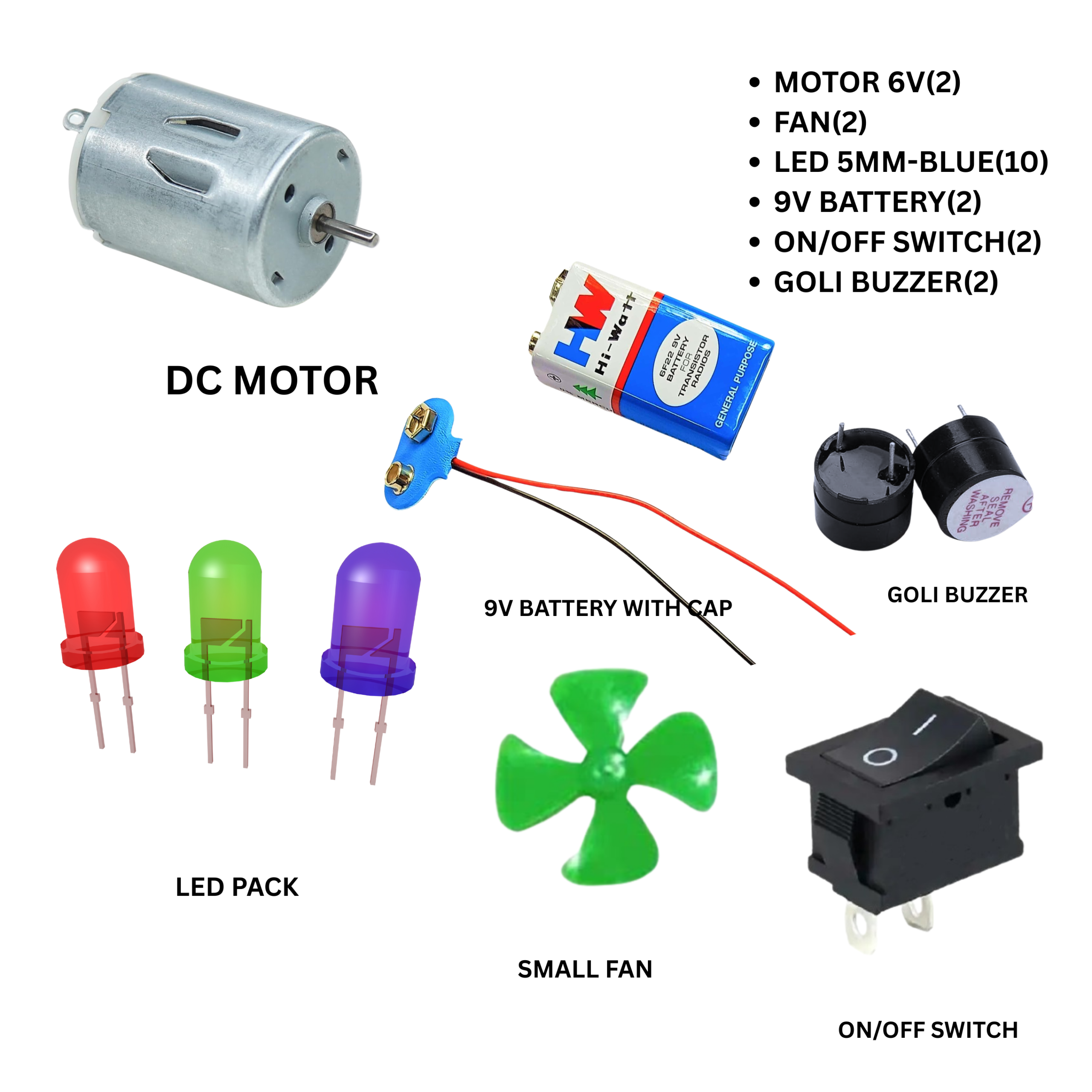 [PACK of 1] DC Motor, Fan, Battery, LEDs, Switch, Buzzer & Connecting Wire Science Project Material Kit.