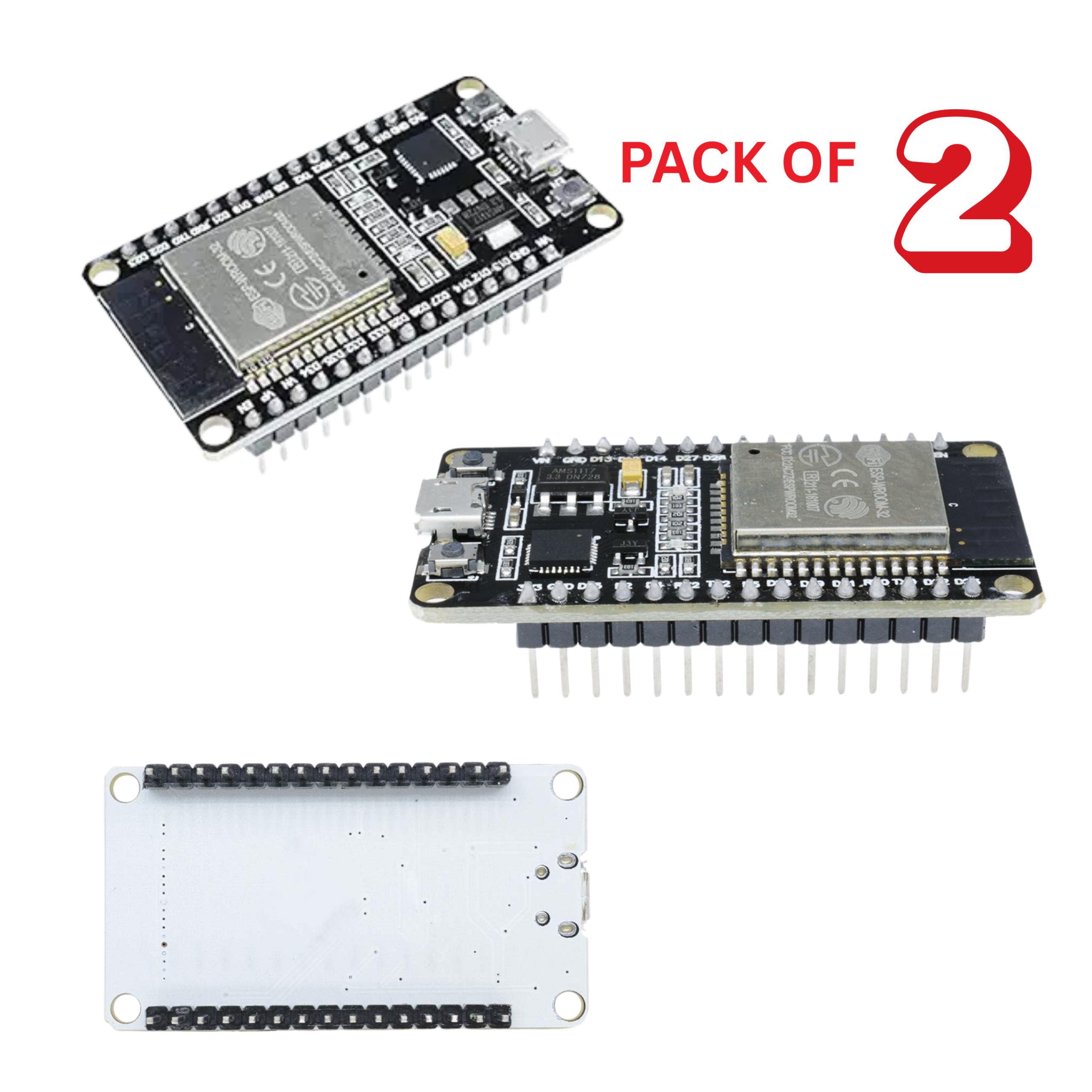 NodeMCU ESP32 Development Board with 30 Pin CP2102 USB-UART, WiFi, Bluetooth, and Dual-Core Power Microcontroller (Pack of 2)