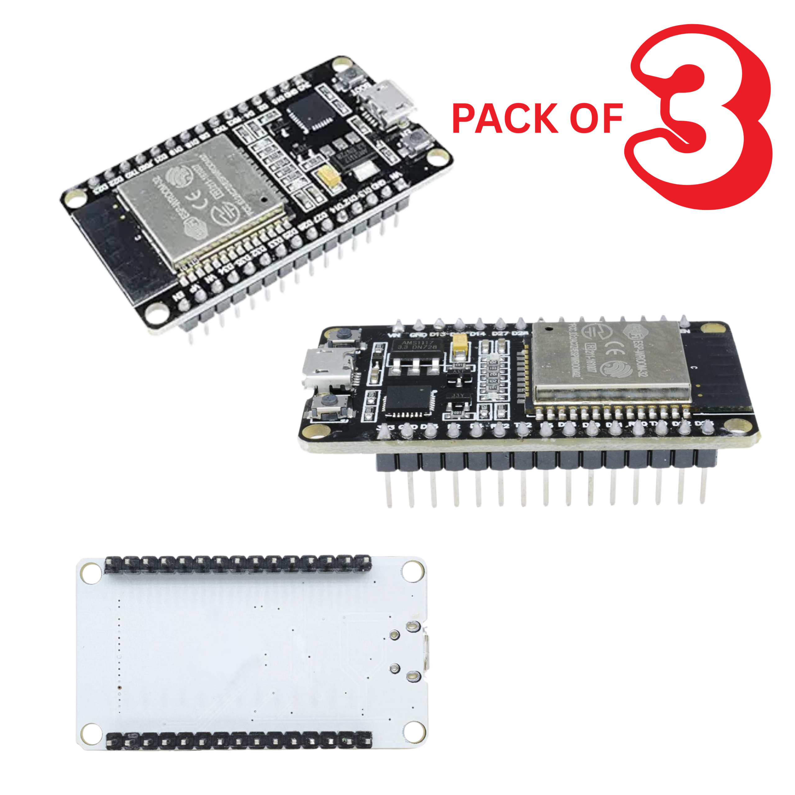 NodeMCU ESP32 Development Board with 30 Pin CP2102 USB-UART, WiFi, Bluetooth, and Dual-Core Power Microcontroller (Pack of 3)
