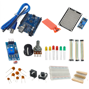 Arduino UNO SMD kit with water level sensor module, Rain drop sensor module, breadboard, resistors, capacitors and jumper wires