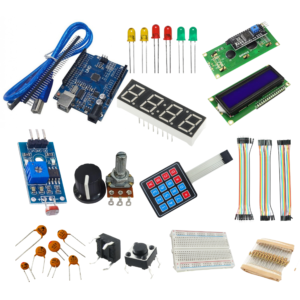 Arduino Kit with 16x2 lcd display, I2C module, 4 character seven segment LED display with breadboard, LDR sensor module and compoenents